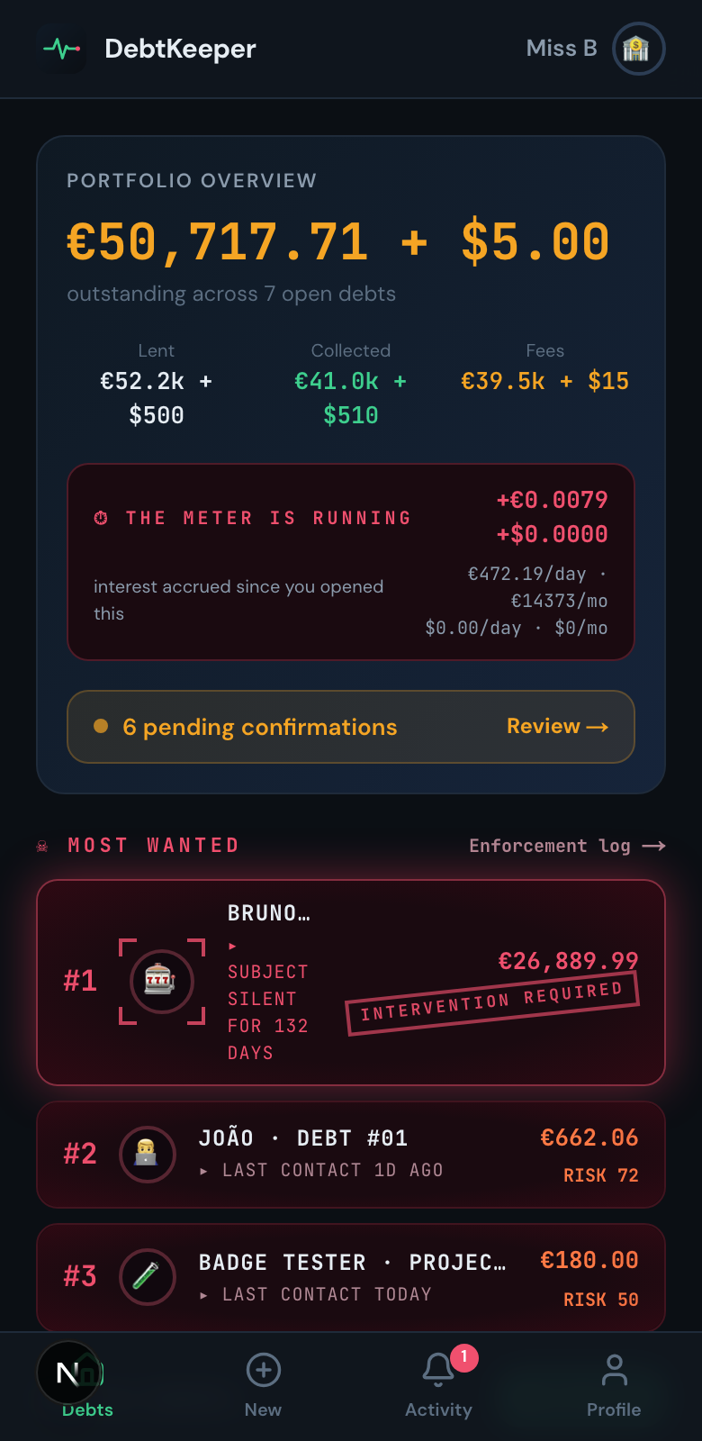 Lender dashboard with live interest ticker and Most Wanted board